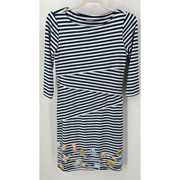 J McLaughlin Nautical Seashells  Nicola Tiered Dress Size S Navy White Stripe - Picture 1 of 9